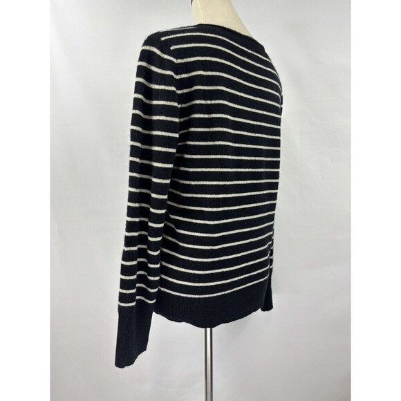 Halogen Cashmere Sweater Black White Stripe Medium V-neck Long Sleeve Pullover - Picture 3 of 8